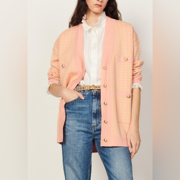 NWT Sandro Peach oversized Houndstooth cardigan sz3 8 10 - Picture 1 of 4